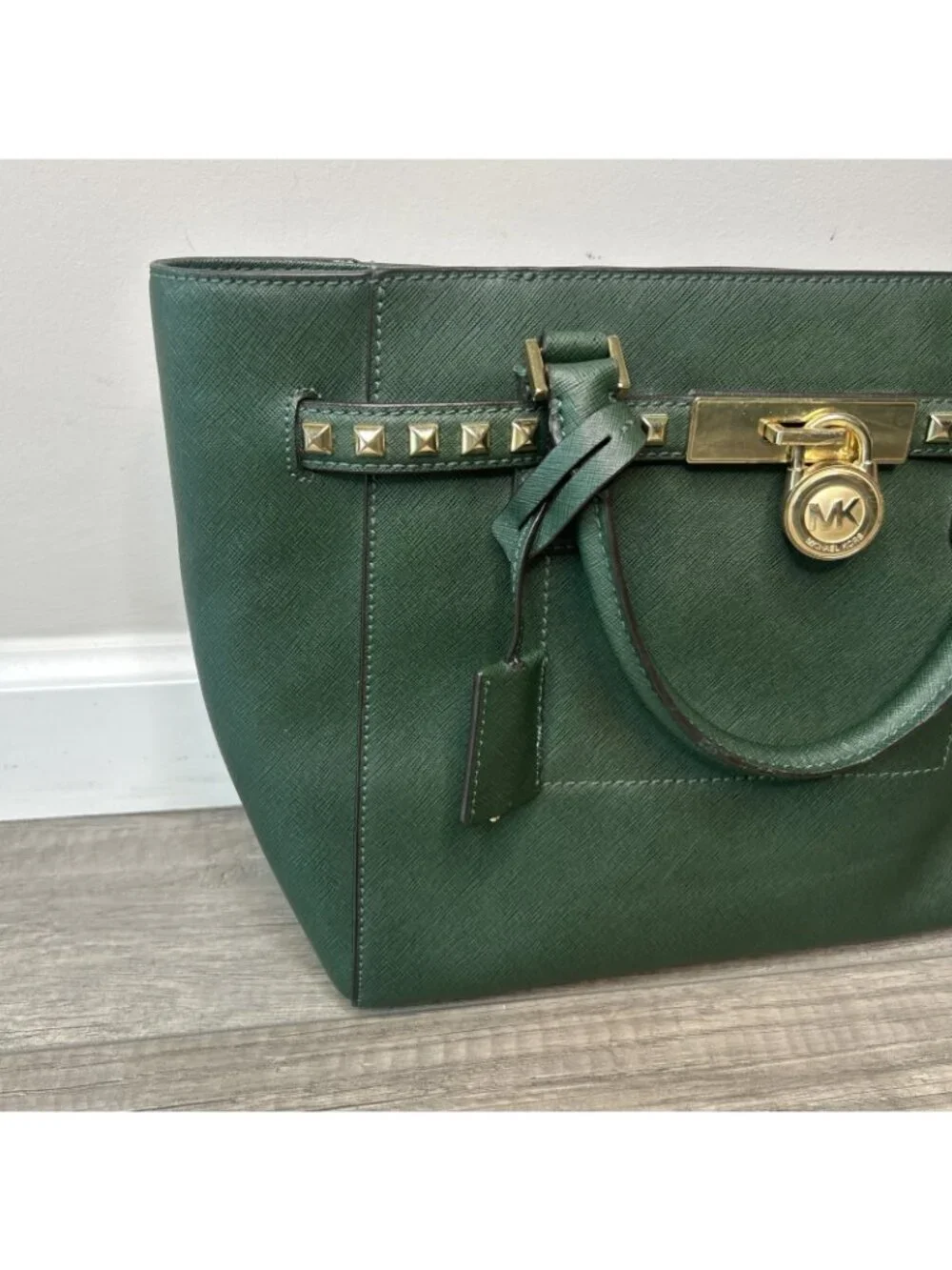 Michael Kors Green Hamilton Gold Studded Saffiano Leather Tote Purse Bag Preppy